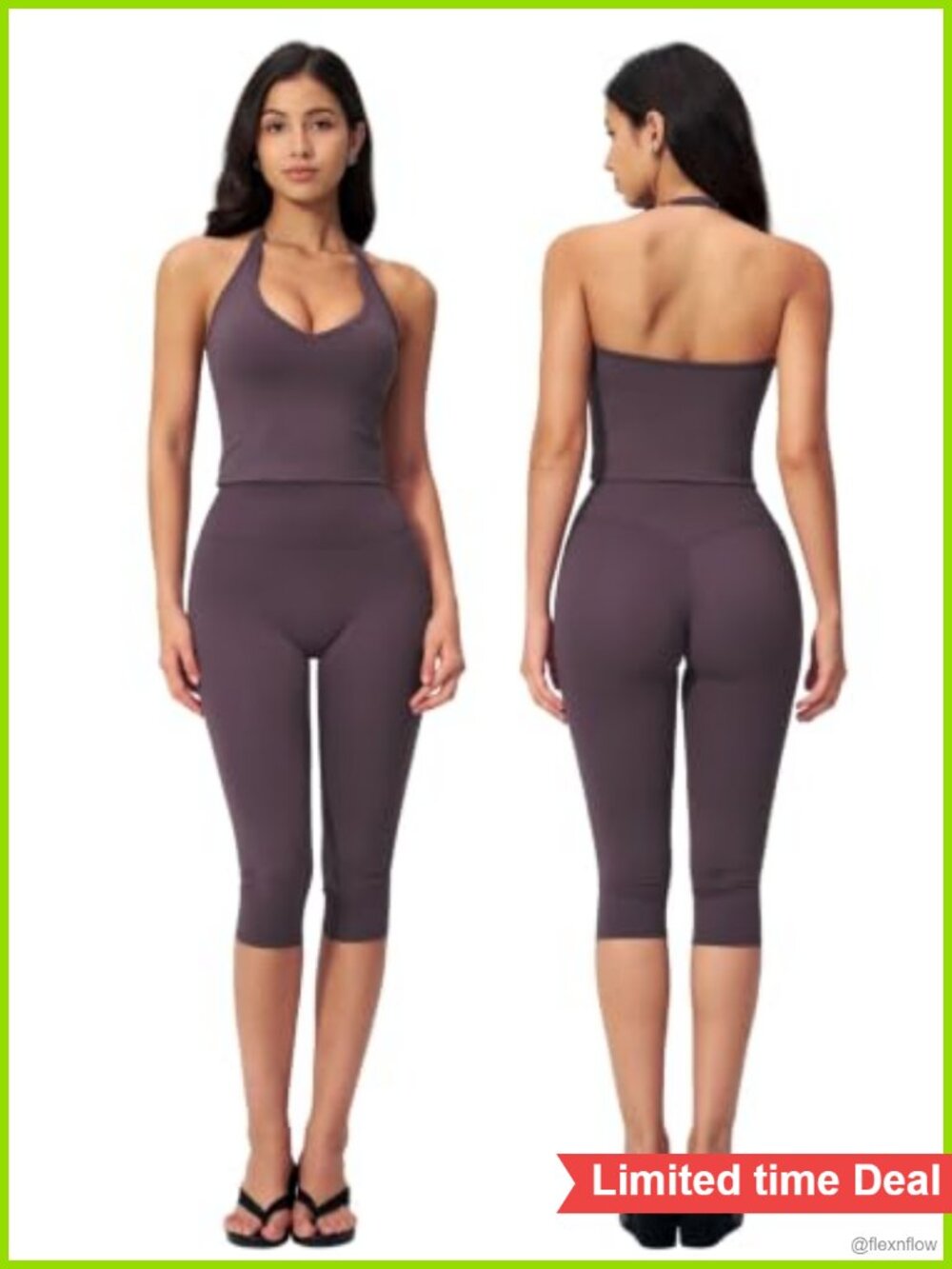 2 Piece Workout Set V Neck Halter Tank Top High Waist Capri Yoga Outfit